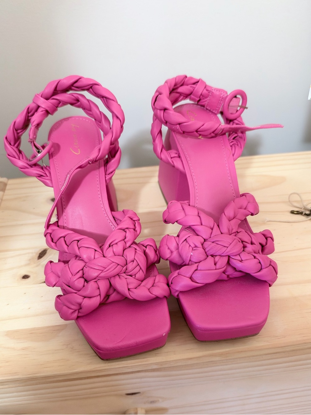 Braided Strap Pink Block Heel Sandals